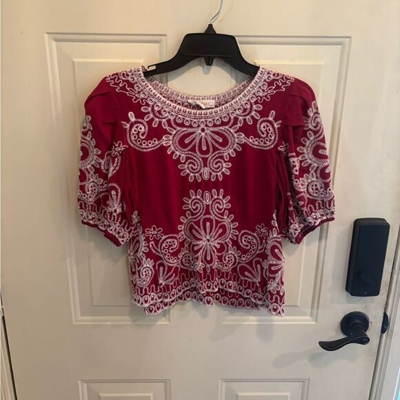 Anthropologie Solitaire Red Embroidered Puff Sleeve Cropped Blouse - Picture 2 of 4